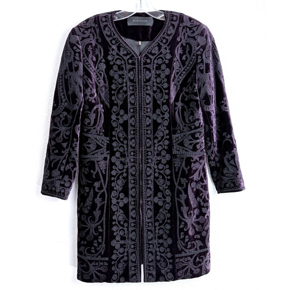 Elie Tahari Silk Blend Velvet Embroidered Longline Jacket Purple M